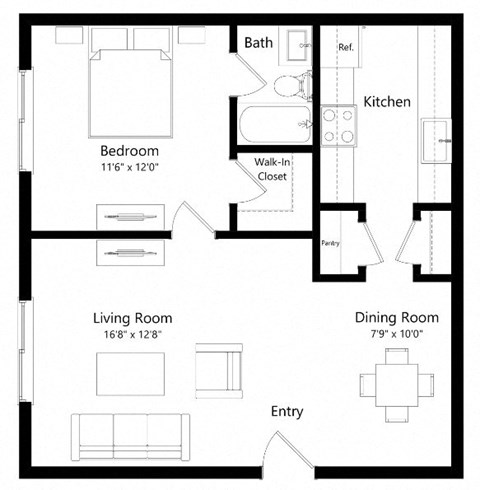 Floor plan for 1 bed, 1 bath, 656 sqft